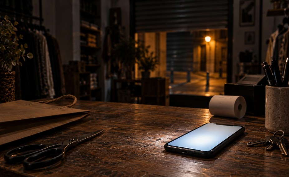 Móvil iluminado sobre el mostrador de una tienda cerrada de noche con un mensaje de cliente entrando fuera de horario