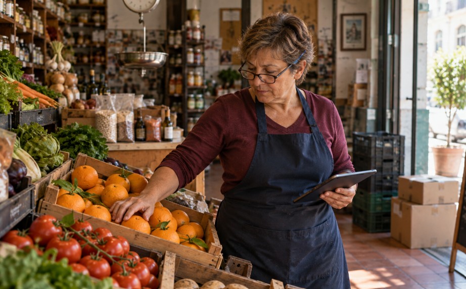 Dueña de una tienda de alimentación revisando el stock de fruta con una tablet junto a las cajas de género
