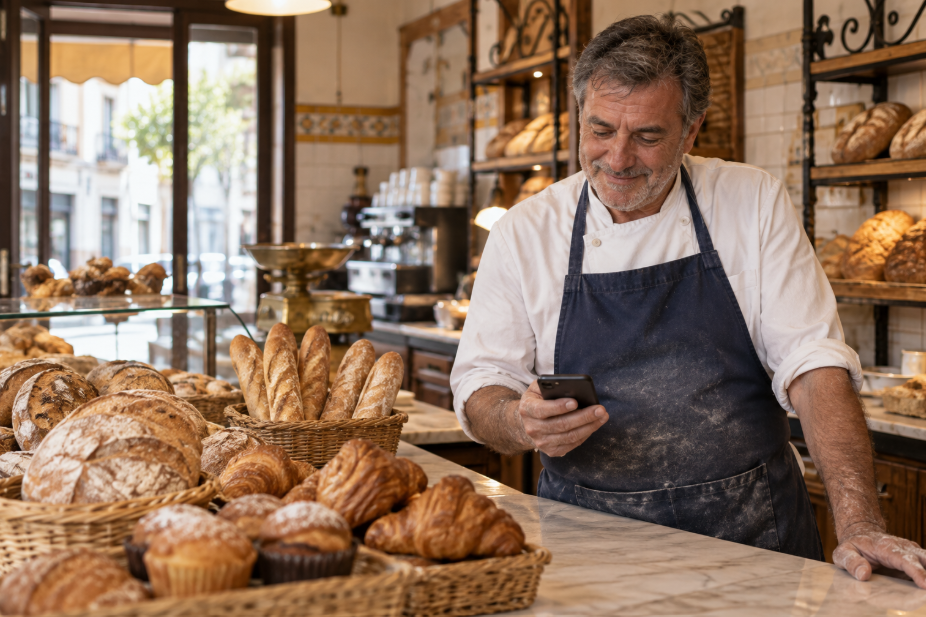 Panadero atendiendo el WhatsApp de su panadería con inteligencia artificial para automatizar pedidos a proveedores